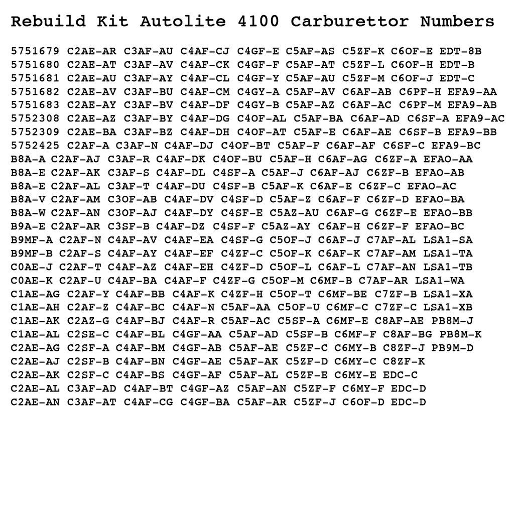 Rebuild Kit Autolite 4100 Carburettor suits all 4100 incl. Mustang & Thunderbird, except 1957 Ford