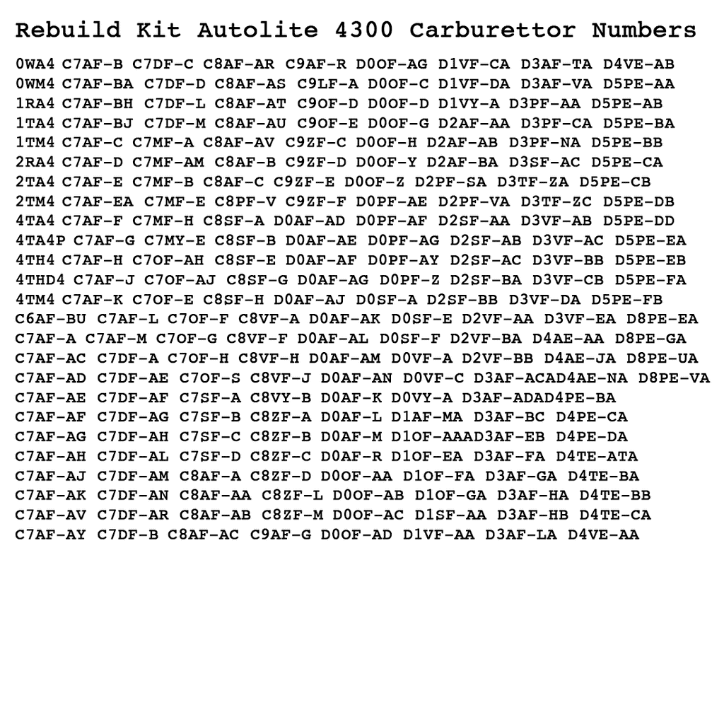 Rebuild Kit Autolite 4300 Carburettor AMC Ford Falcon XR-XB F100, Fairlane V8 Nash Rambler Jeep Lincoln